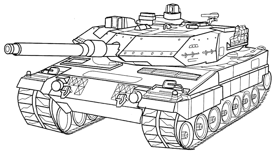 Танковая машина с длинным орудием, гусеницами и различными элементами на корпусе