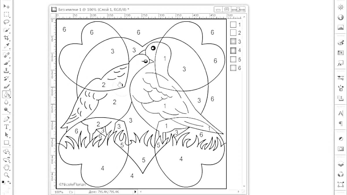 Раскраска раскраска по номерам с изображением двух голубей в траве, выполненная в графическом редакторе