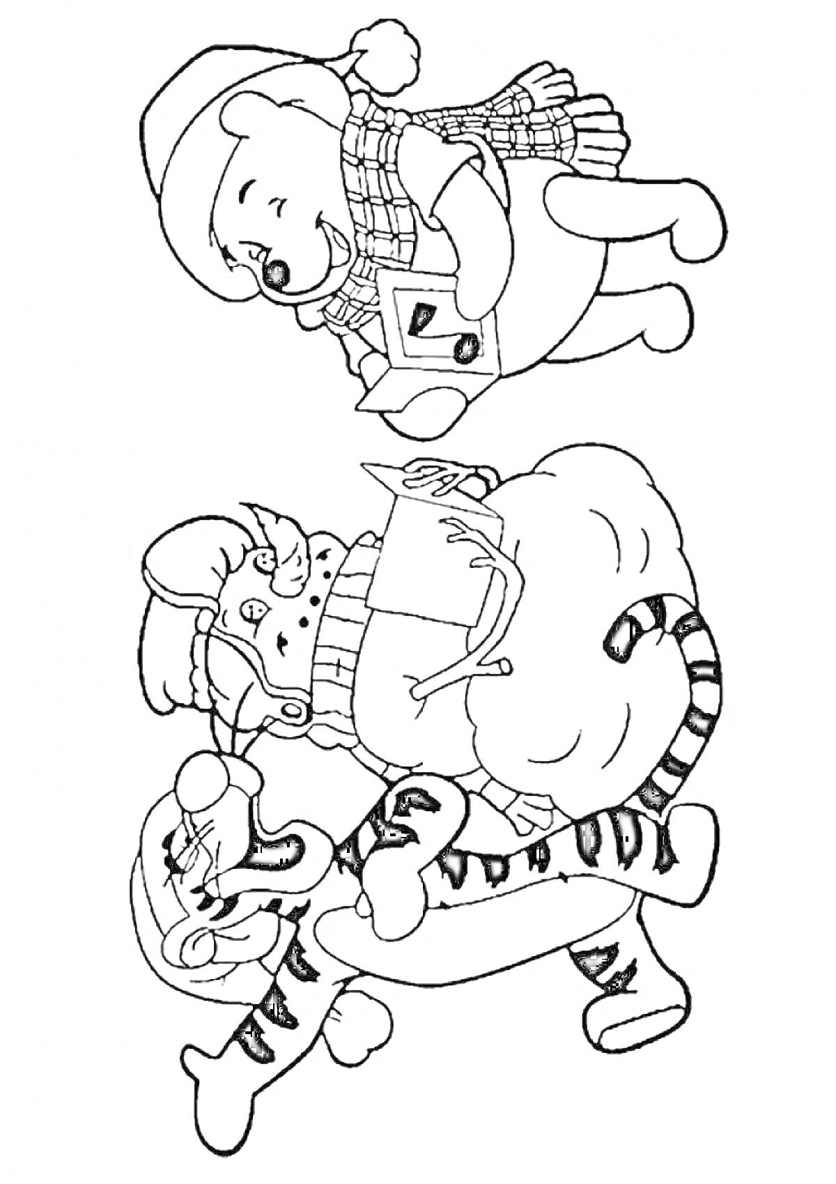 Раскраска Винни-Пух и Тайгер с подарками в Диснейленде, новогодняя тематика