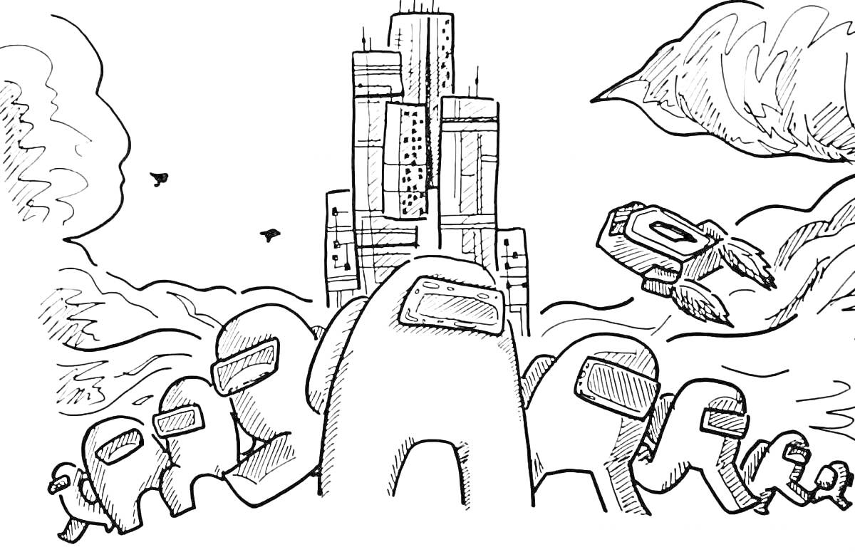 Раскраска Горка пожиратель на фоне города с персонажами и космическими кораблями