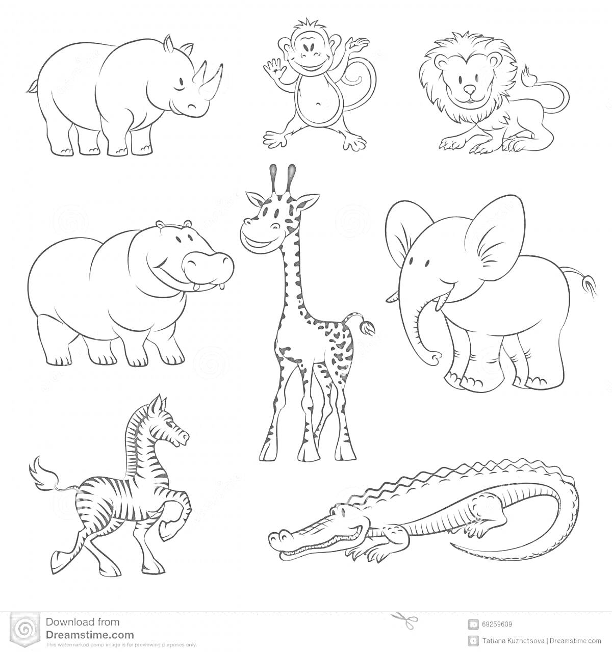 Раскраска Африканские животные: носорог, обезьяна, лев, бегемот, жираф, слон, зебра и крокодил