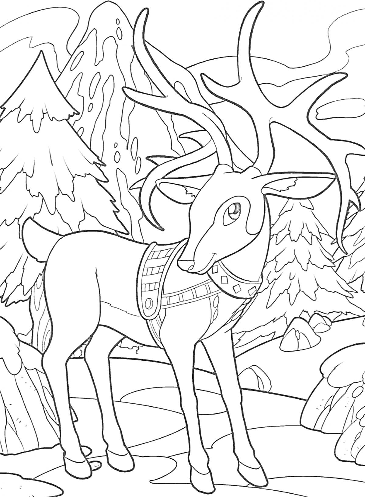 На раскраске изображено: Рождественский олень, Зимний лес, Горы, Снег, Олень