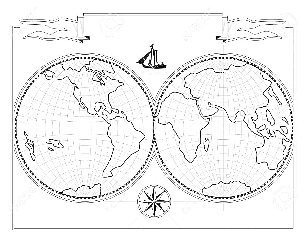 На раскраске изображено: Континенты, Глобус, Карта мира, Корабль, Компас, География, Учеба