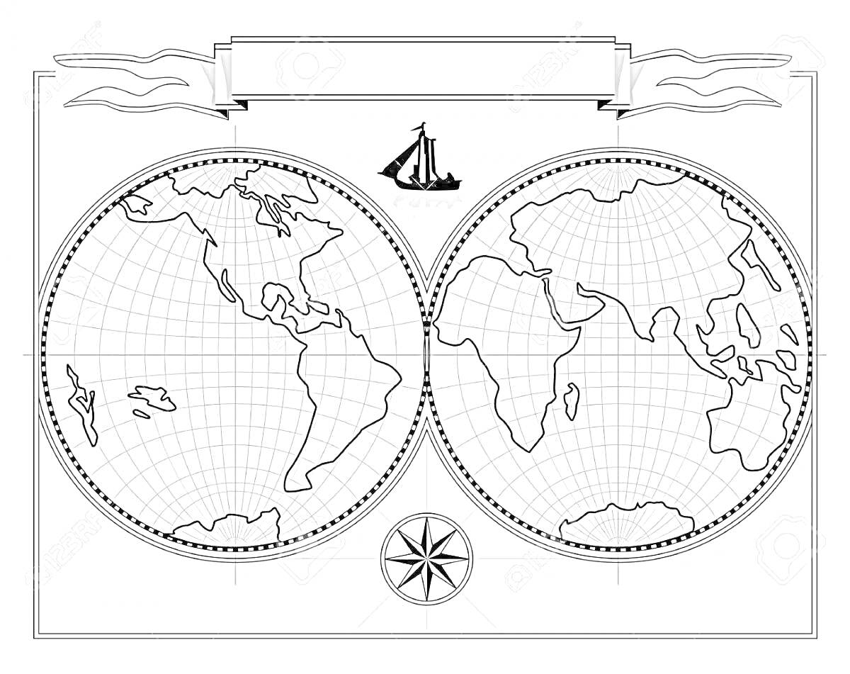Раскраска Глобусы с континентами, корабль, компас и место для текста