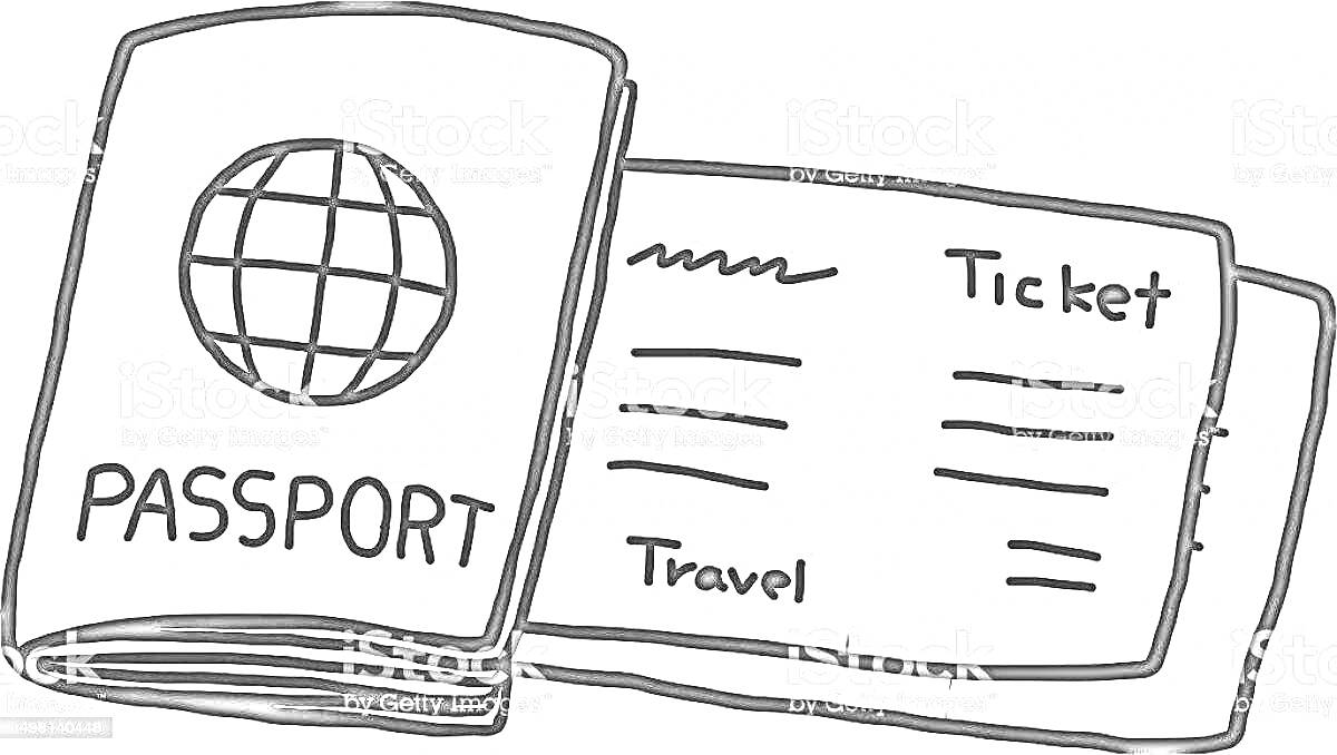 На раскраске изображено: Паспорт, Билет