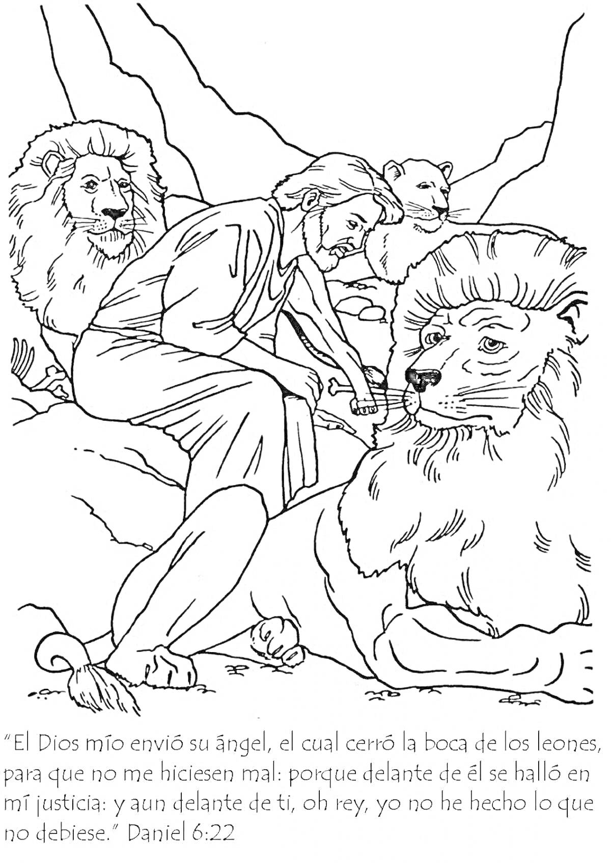 На раскраске изображено: Лев, Львы, Человек, Пещера, Библия, Религия, Ангел, Чудо