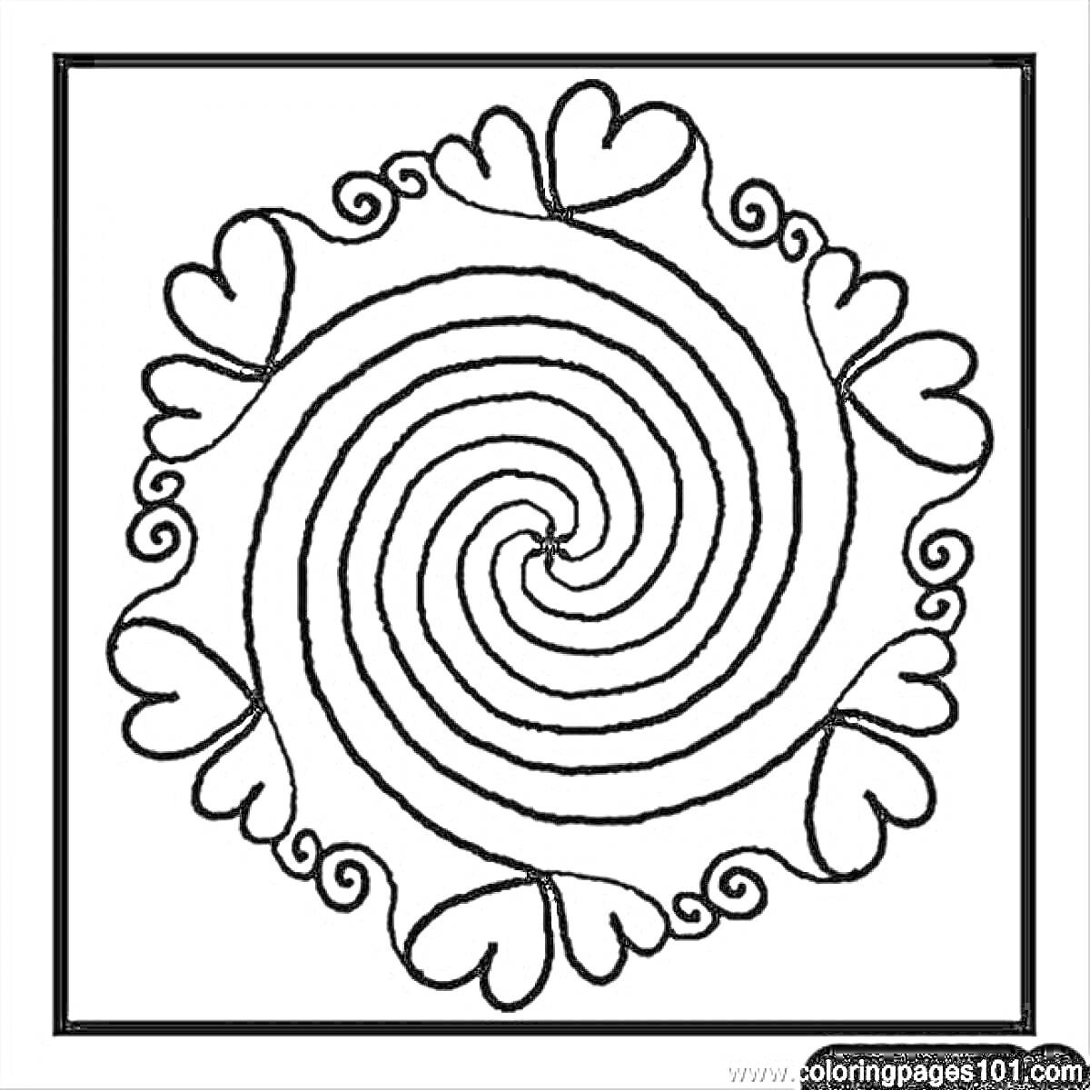 На раскраске изображено: Спираль, Волнистые линии, Квадраты, Сердца, Узоры