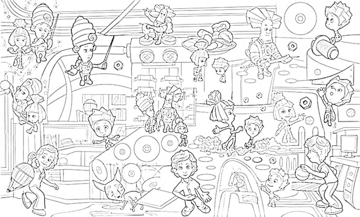 Раскраска Фиксики против кработов в лаборатории с множеством фиксиков и кработов, видны разнообразные действия и приключения персонажей