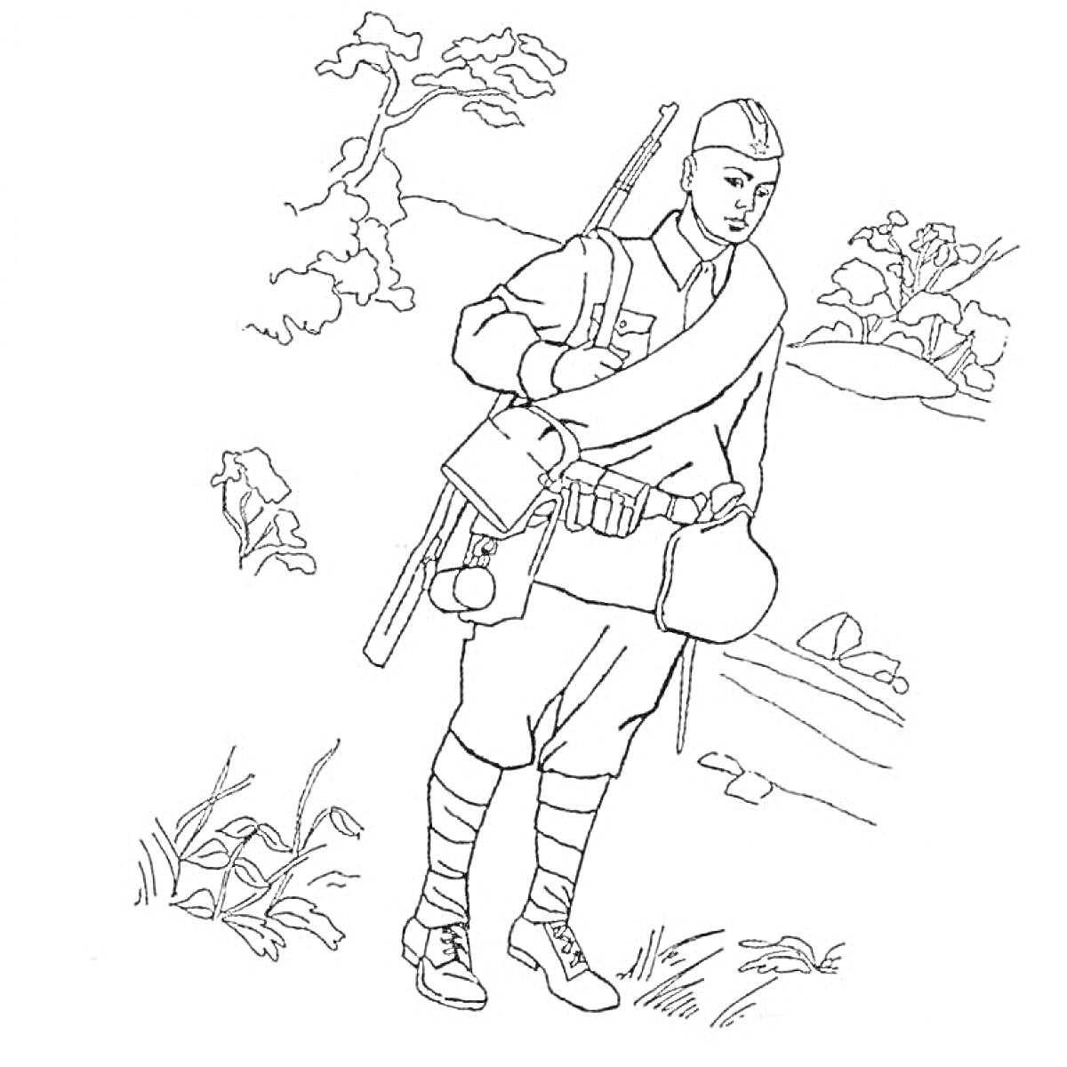 Раскраска Солдат, идущий по полю с ружьем и рюкзаком