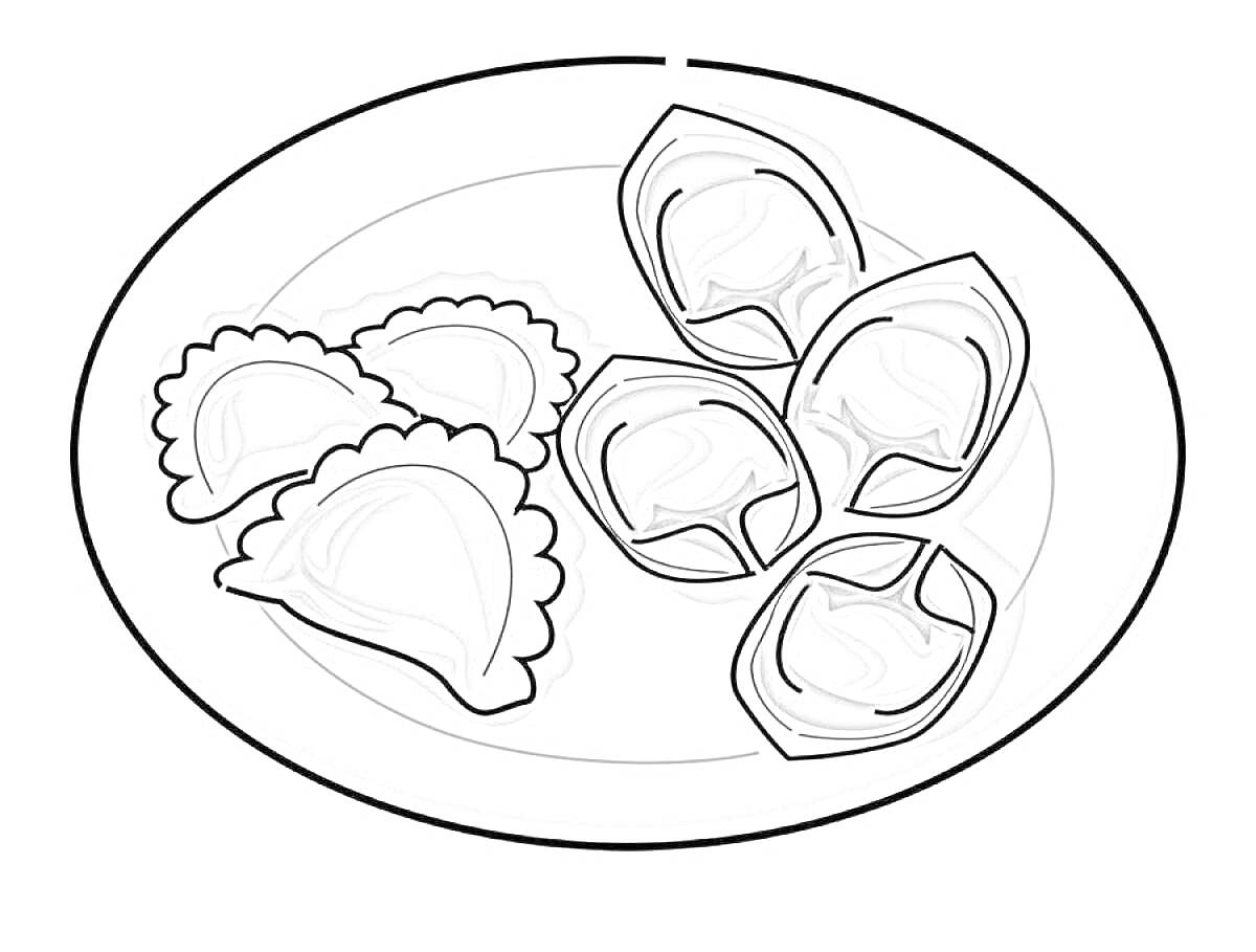 На раскраске изображено: Пельмени, Тарелка, Еда, Кулинария, Равиоли
