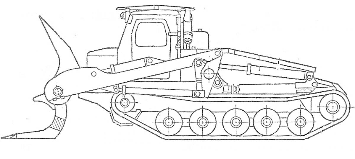 На раскраске изображено: Трактор, Гусеничный, Ковш, Техника, Оборудование