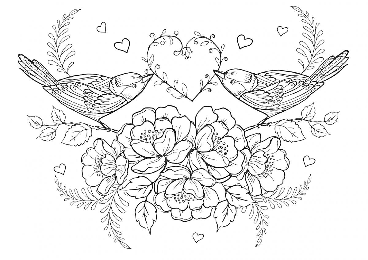 На раскраске изображено: Цветы, Листья, Для девочек, 12 лет, Узоры, Любовь, Природа, Птица, Сердца