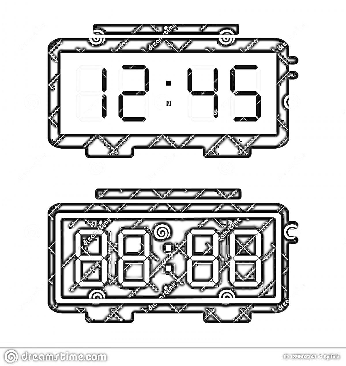 Раскраска Электронные цифровые часы с отображением времени 12:45 и пустыми сегментами