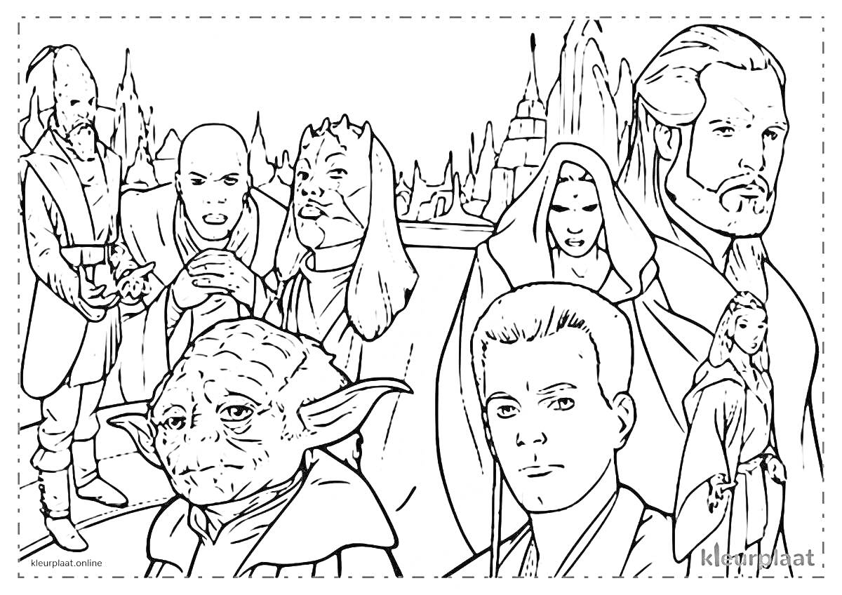 Раскраска герои франшизы Звёздные Войны на фоне замка