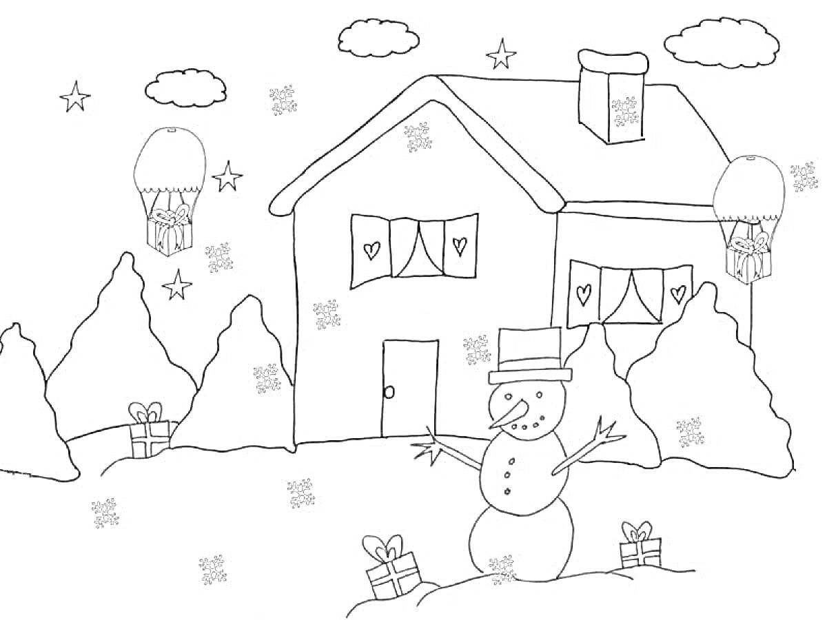 Раскраска Дом с украшенными окнами, елками, воздушными шарами, подарками и снеговиком
