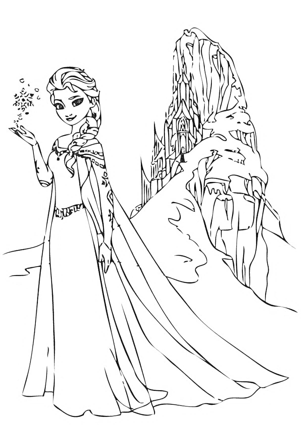 На раскраске изображено: Эльза, Снежная королева, Замок, Снег, Принцесса, Из мультфильмов, Зима, Для детей