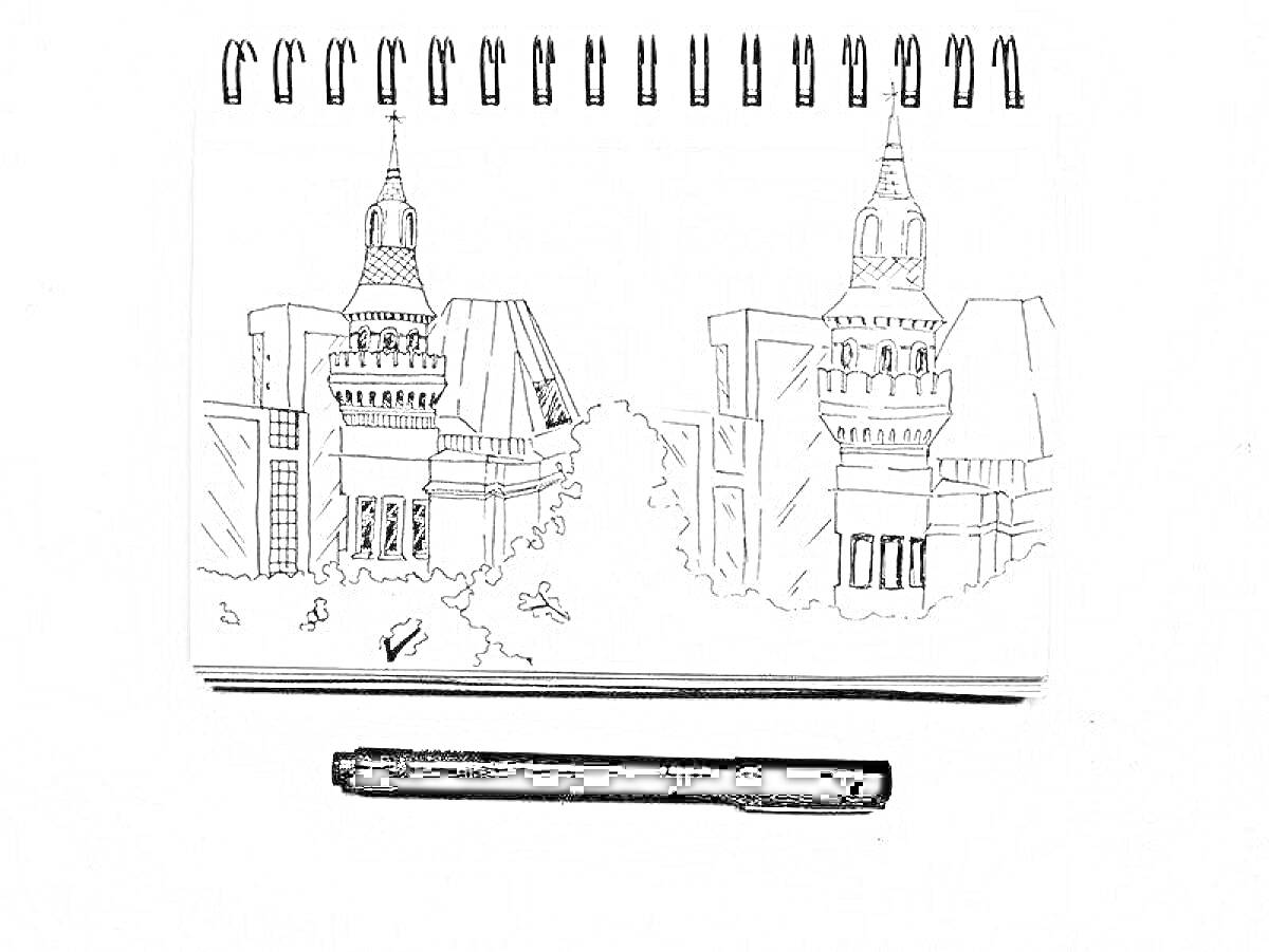 Раскраска Скетч городских башен маркерами в блокноте