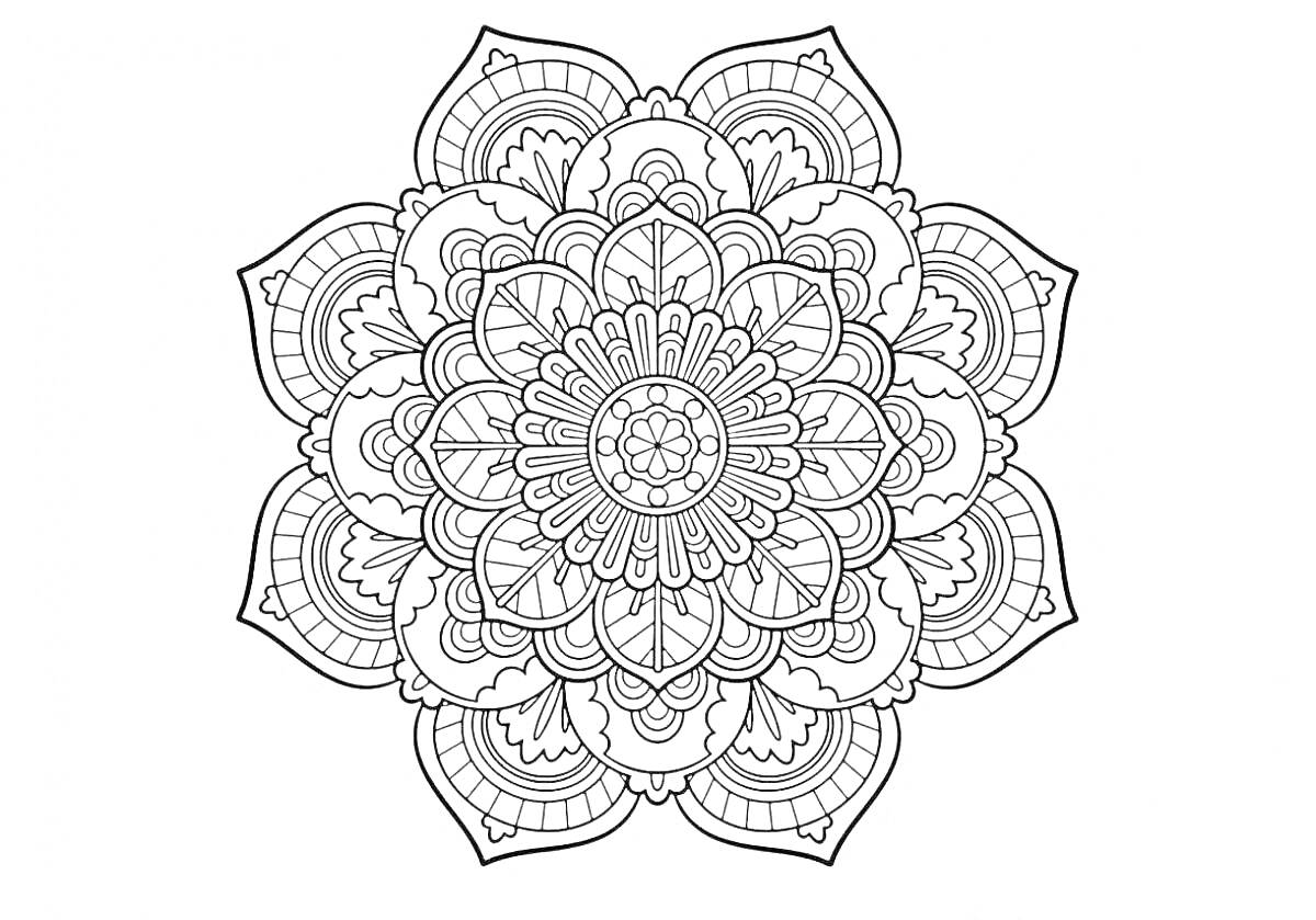 РаскраскаМандала с многоярусными лепестками и узорами в виде волн, кружков и точек