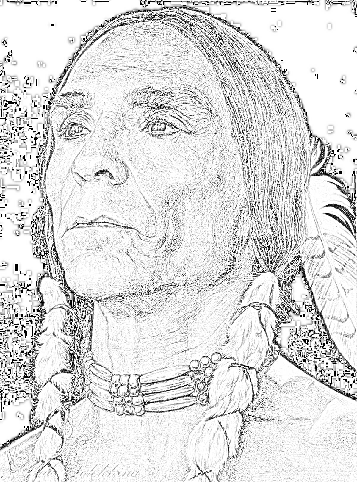 Раскраска Портрет индейца с пером в волосах, ожерельем и косами