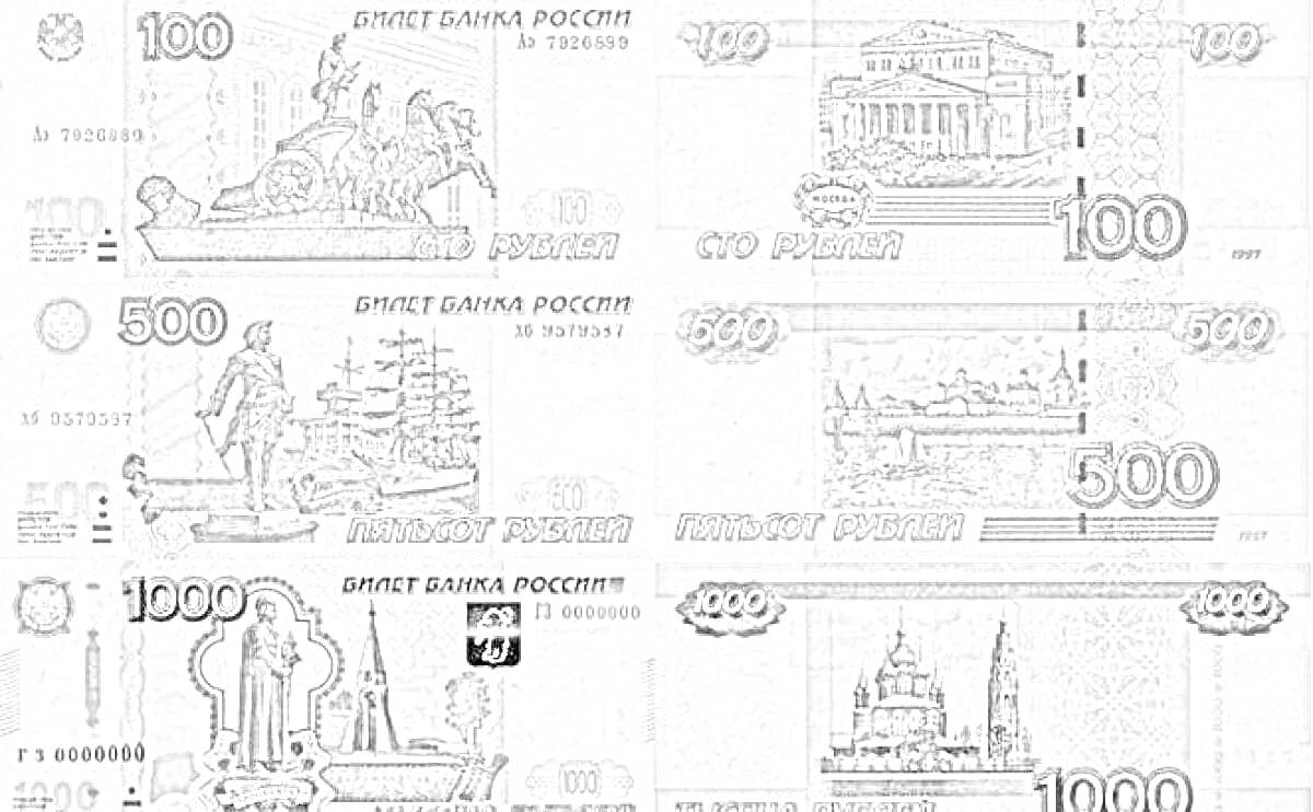Раскраска Российские банкноты - 100 рублей, 500 рублей, 1000 рублей с изображением различных исторических и архитектурных объектов