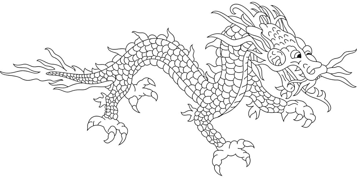 На раскраске изображено: Китайский дракон, Чешуя, Огонь, Когти, Усы, Мифология