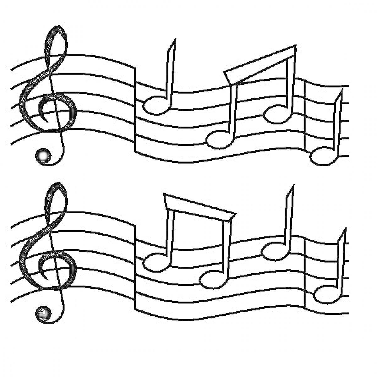 Раскраска Ноты на нотном стане с скрипичным ключом и восьмыми нотами