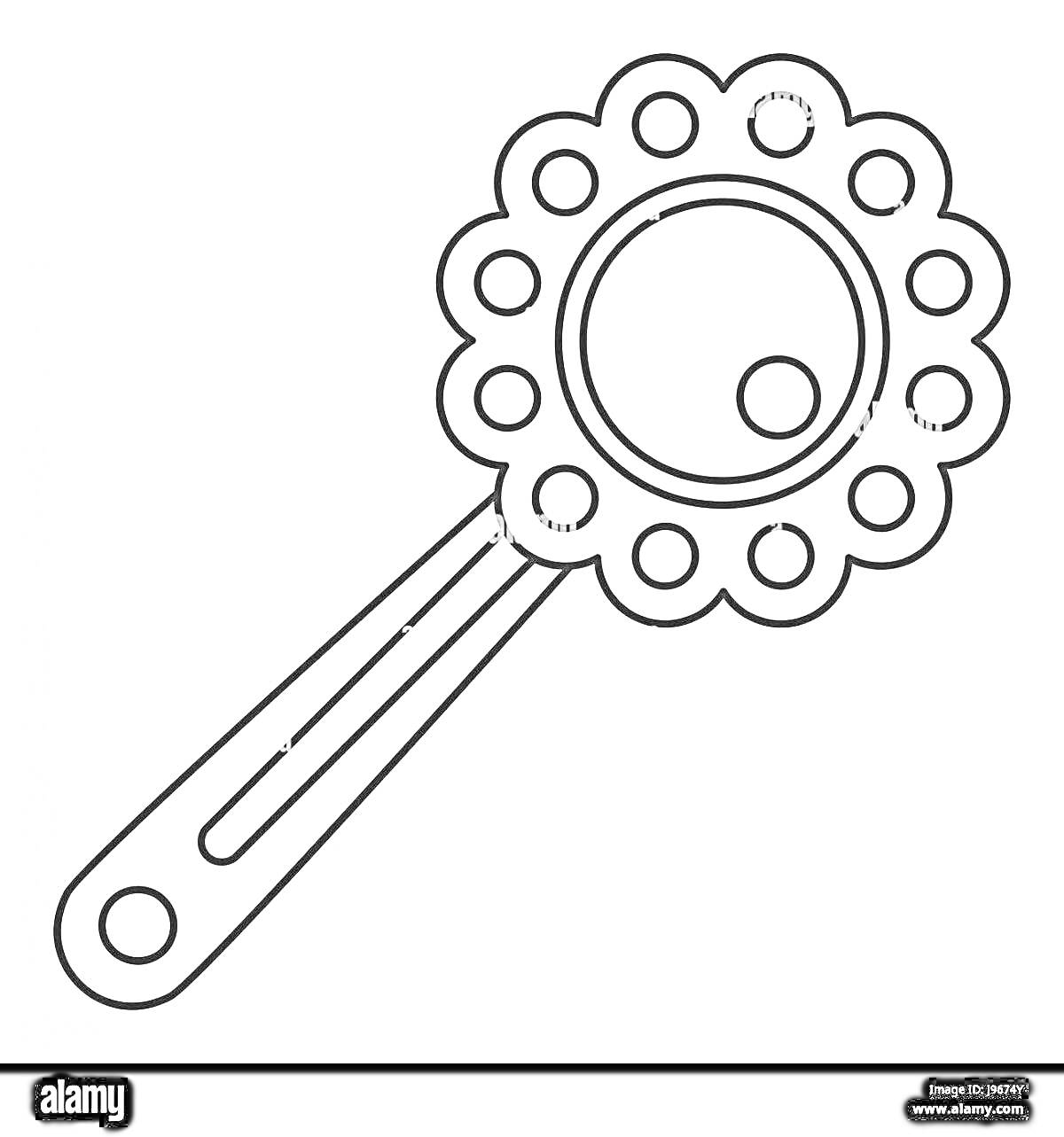 Раскраска Детская погремушка с цветочным узором и круглой ручкой