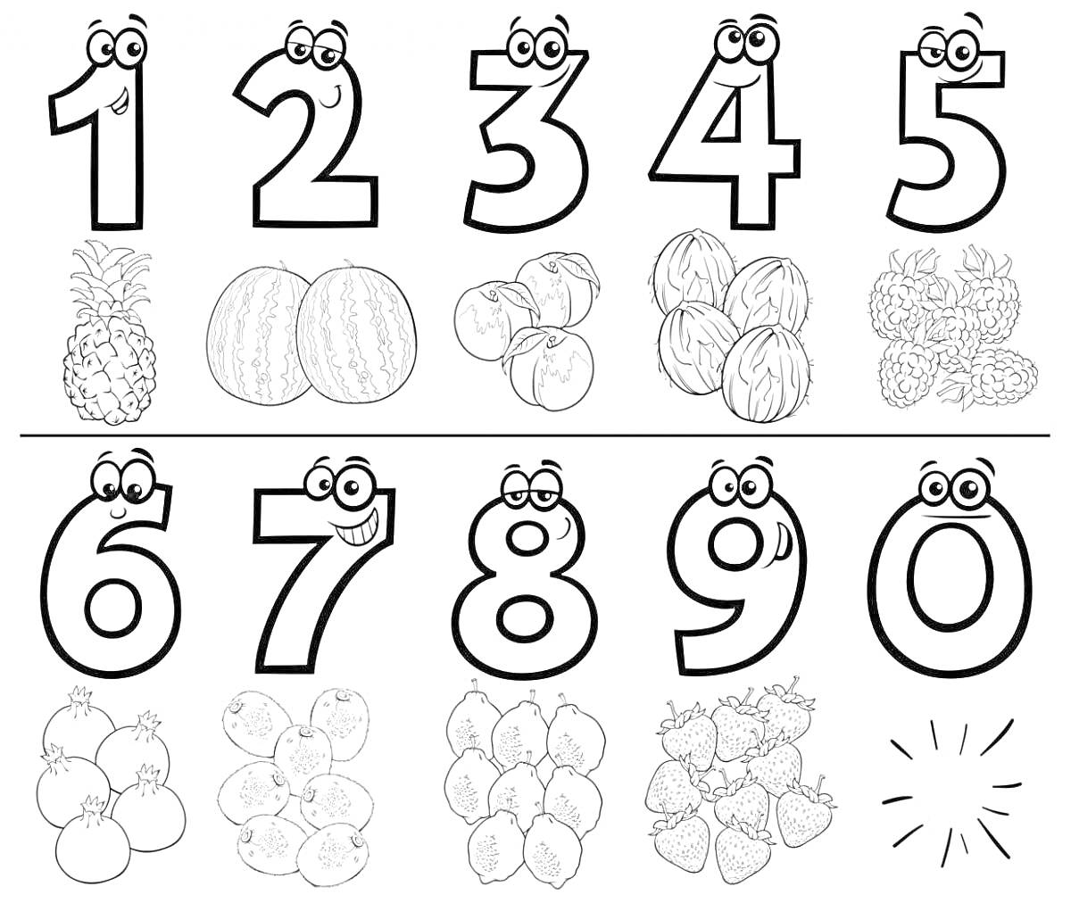 Раскраска цифры от 1 до 10, ананас, арбузы, кокосы, клубника, гранаты, яблоки, апельсины, виноград, малина, лимон
