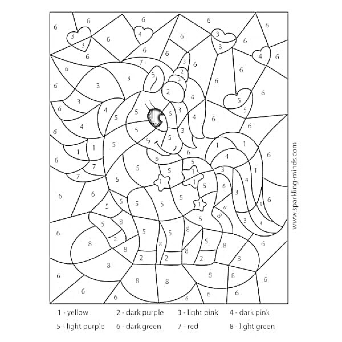 Раскраска Единорог с сердечками - раскраска по номерам
