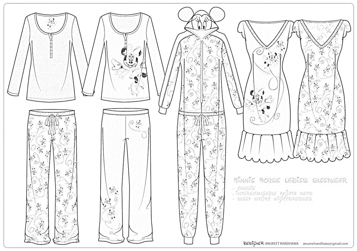 Раскраска Пижамы для детей с мультяшным персонажем в различных стилях (длинные рукава и брюки, комплект с капюшоном и ушками, летнее платье)