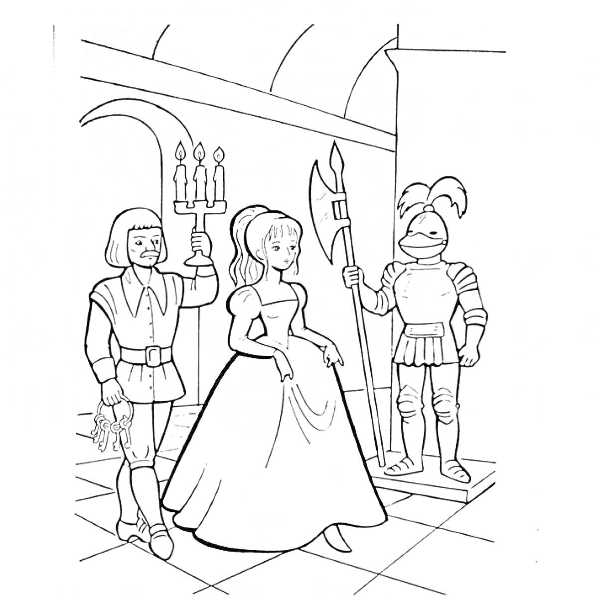 Принцесса среди рыцаря и стражника с канделябром в замке