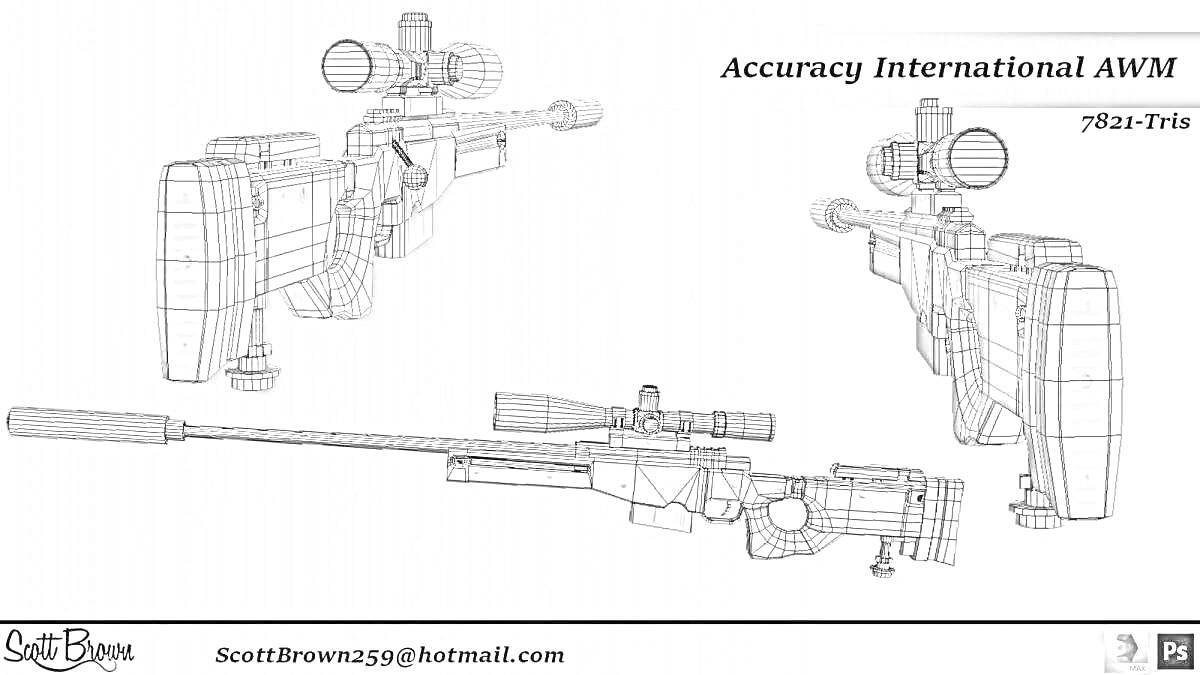 Раскраска Винтовка Accuracy International AWM с оптическим прицелом, вид сбоку и с разных углов