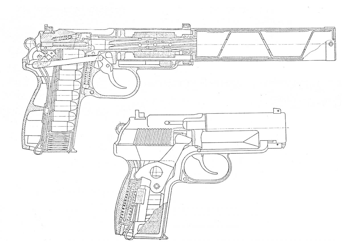 Раскраска Пистолет USP с глушителем и без глушителя, технический разрез