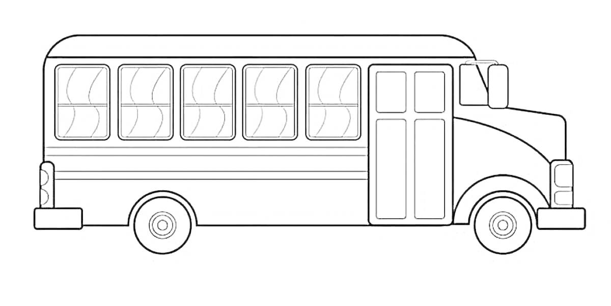На раскраске изображено: Автобус, Транспорт, Школьный автобус, Окна, Колёса