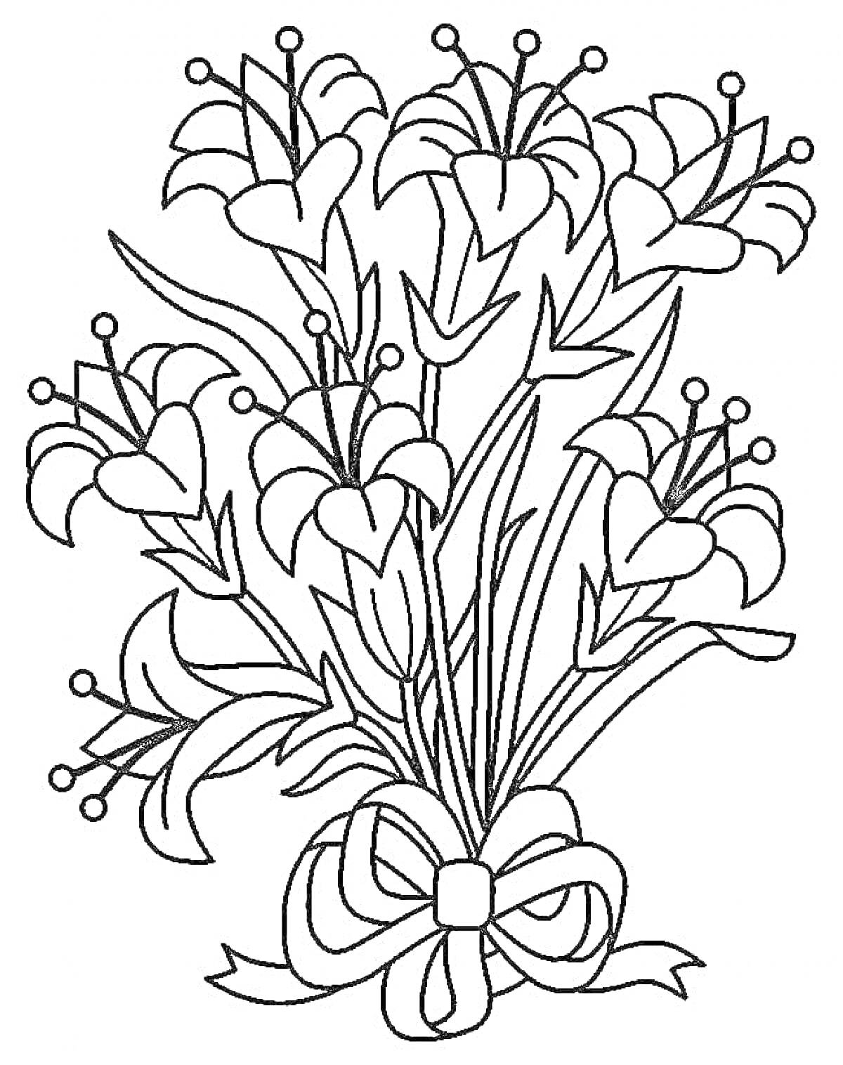 Раскраска Букет из лилий с декоративным бантом