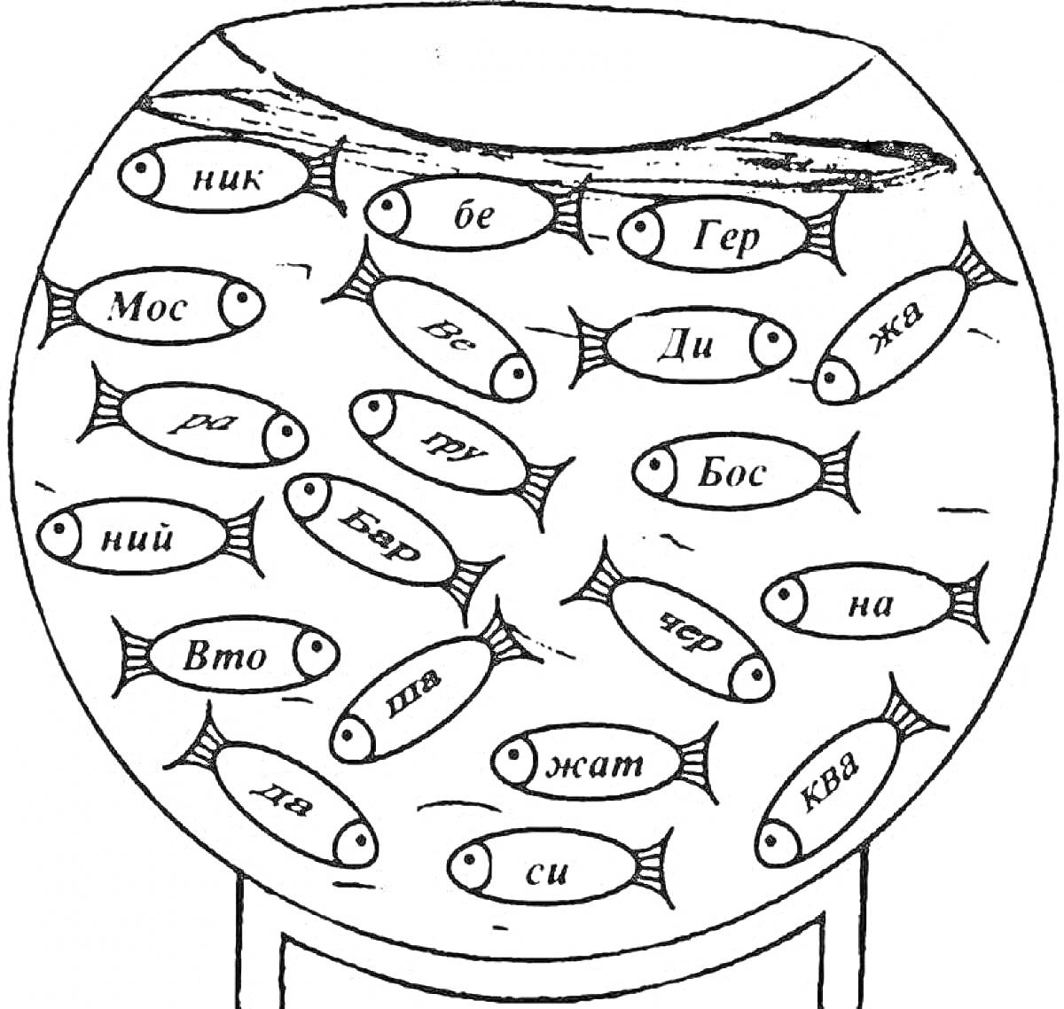 Раскраска с аквариумом и рыбками с заданиями по слогам для 2 класса (ник, бе, Гер, Моск, ра, тю, Ди, жва, ний, Бяр, ска, не, Вто, па, жма, чёр, на, ха, си, ква)