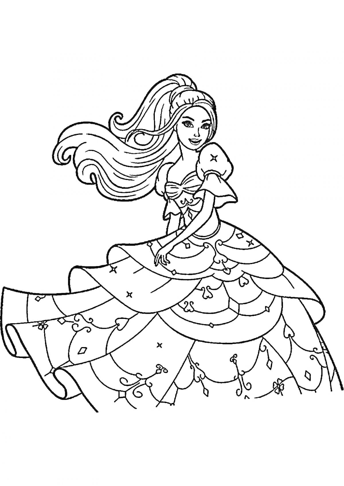 Раскраска Принцесса с длинными распущенными волосами в пышном платье с узорами