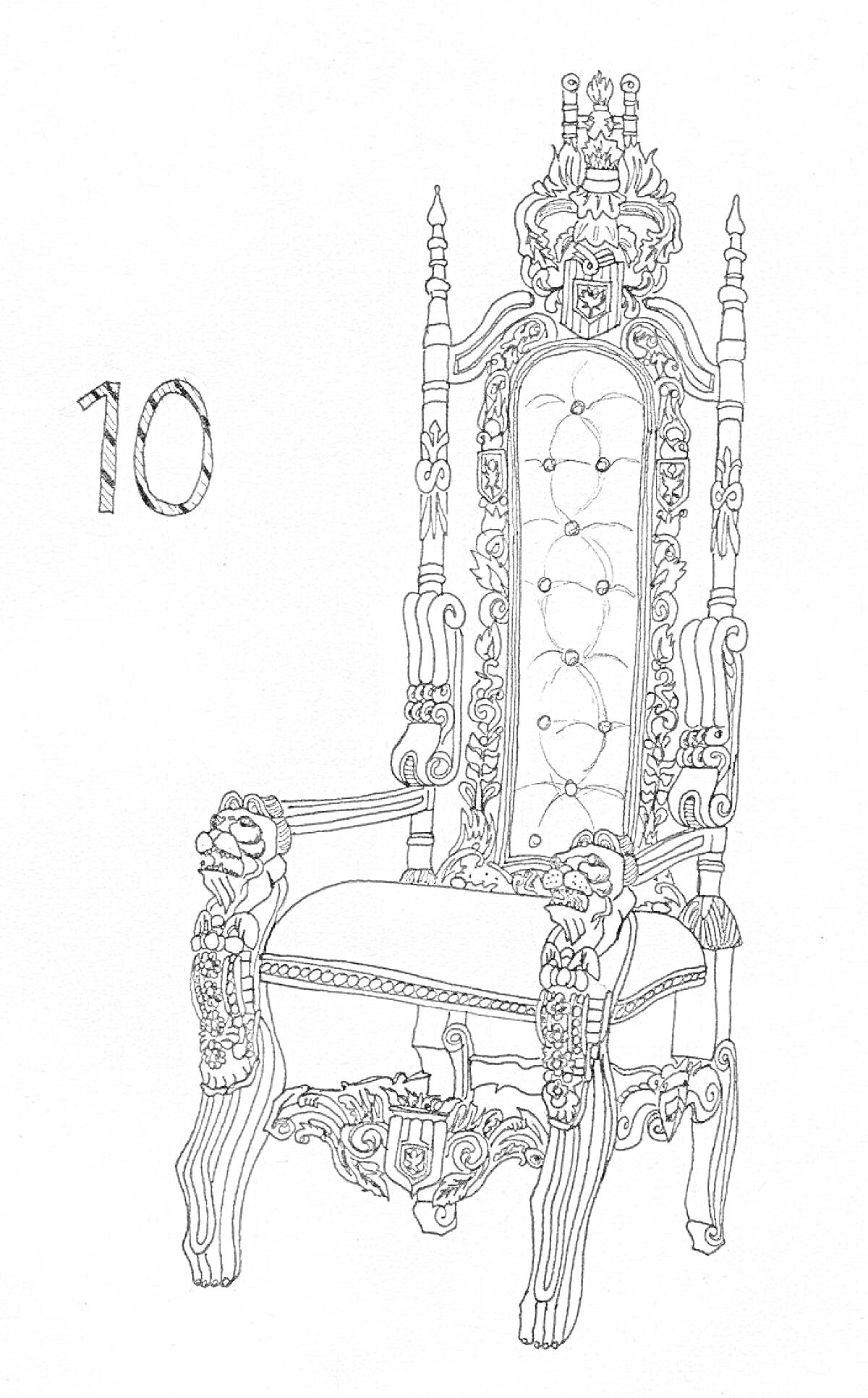 Трон с детализированной резьбой и львиными головами, украшенный барельефами и высокой спинкой