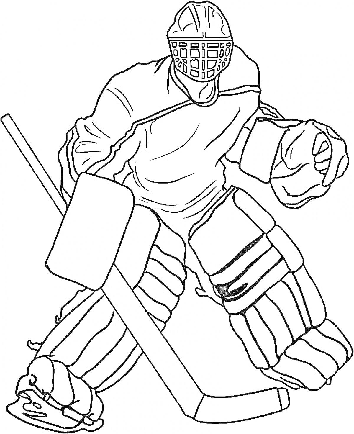 На раскраске изображено: Хоккей, Вратарь, Хоккейная форма, Клюшка, Защитный шлем, Спорт, Защита