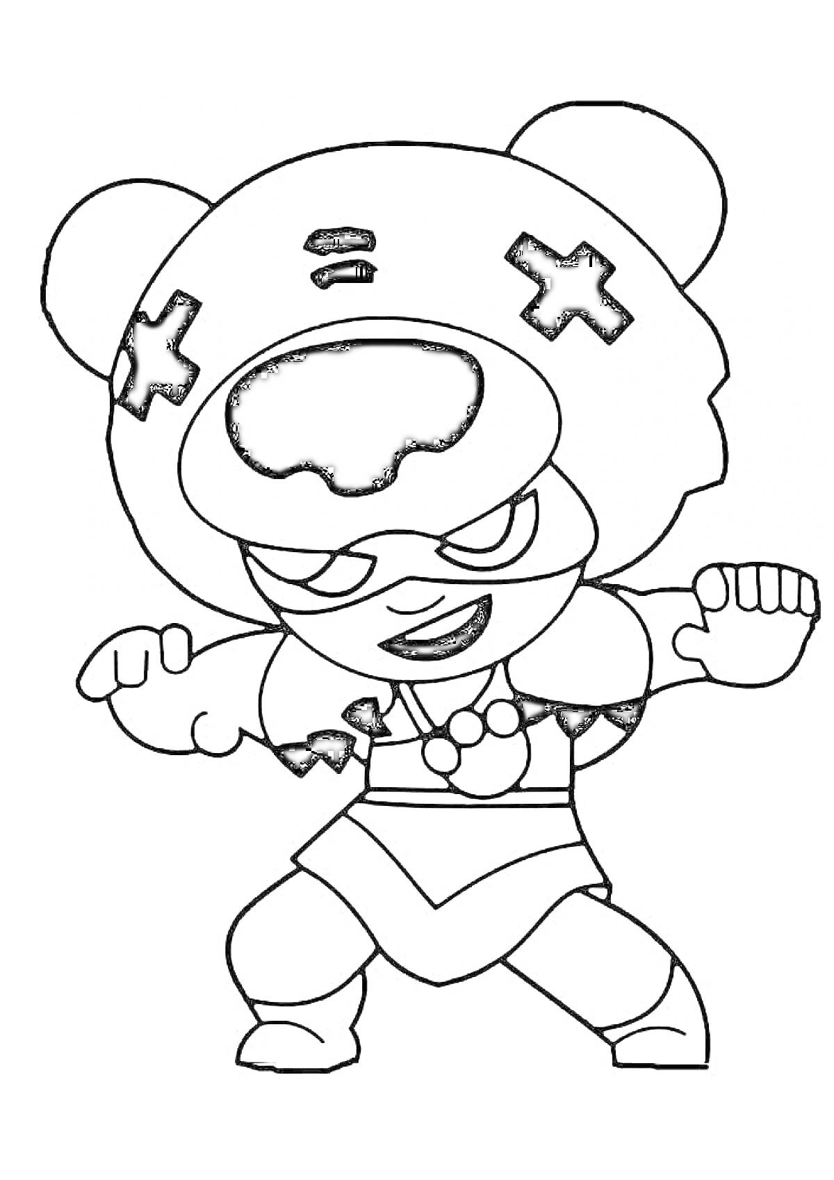 Раскраска Раскраска Нита из игры Brawl Stars в костюме медведя с крестами на голове и клыками на маске, в боевой позе