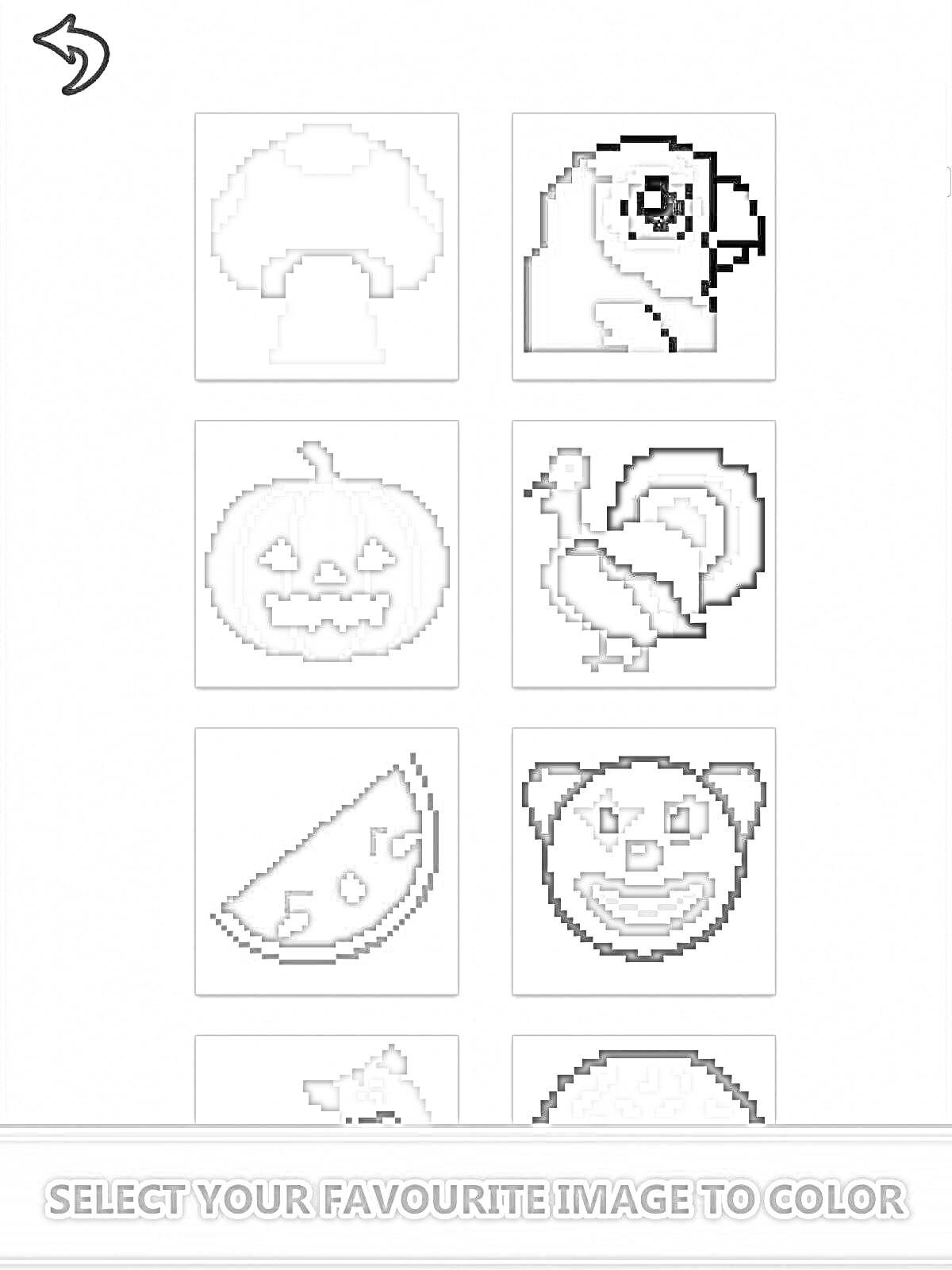 Раскраска раскраска с изображением различных пиксель-арт объектов: гриб, попугай, тыква, индейка, арбуз, клоун.