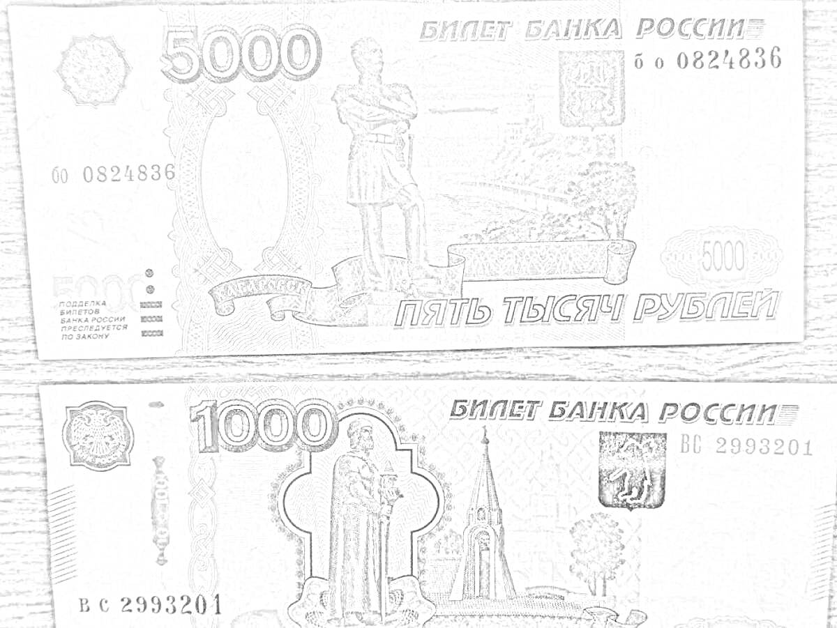 Раскраска 5000 рублей и 1000 рублей, лицо банкнот, номинал, памятники