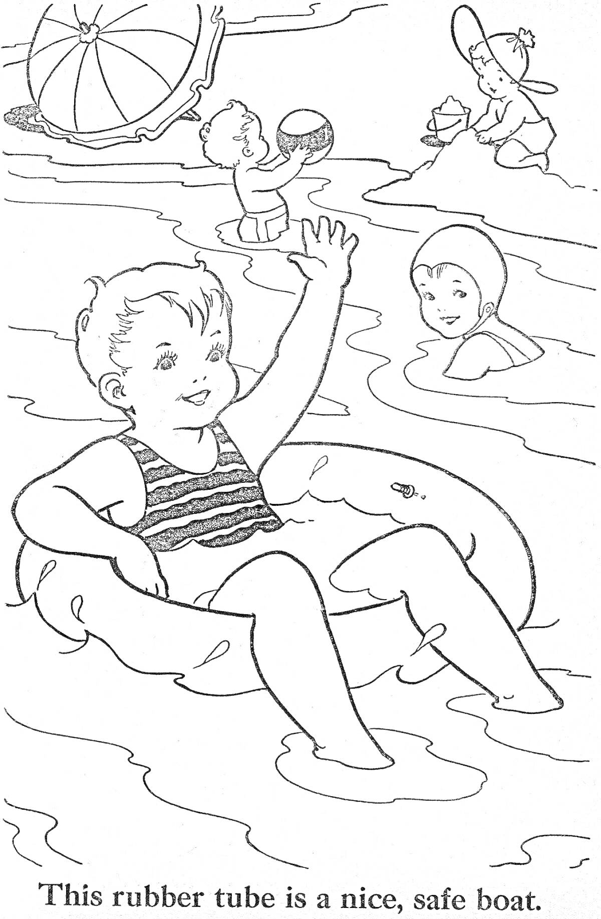 Раскраска Дети на отдыхе у воды с резиновой надувной лодкой, мячом, пляжным зонтом и игрушками