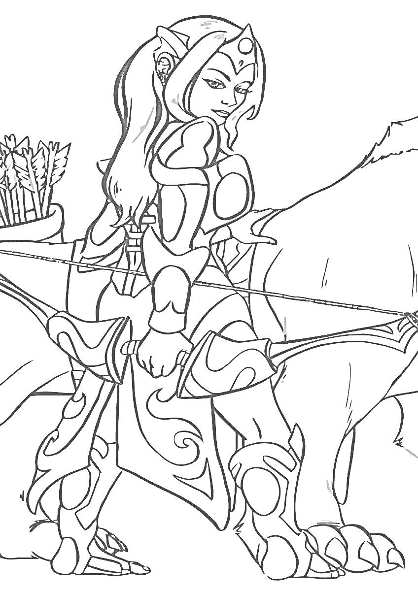 Эльфийка лучница с луком и стрелами, стоящая рядом с животным