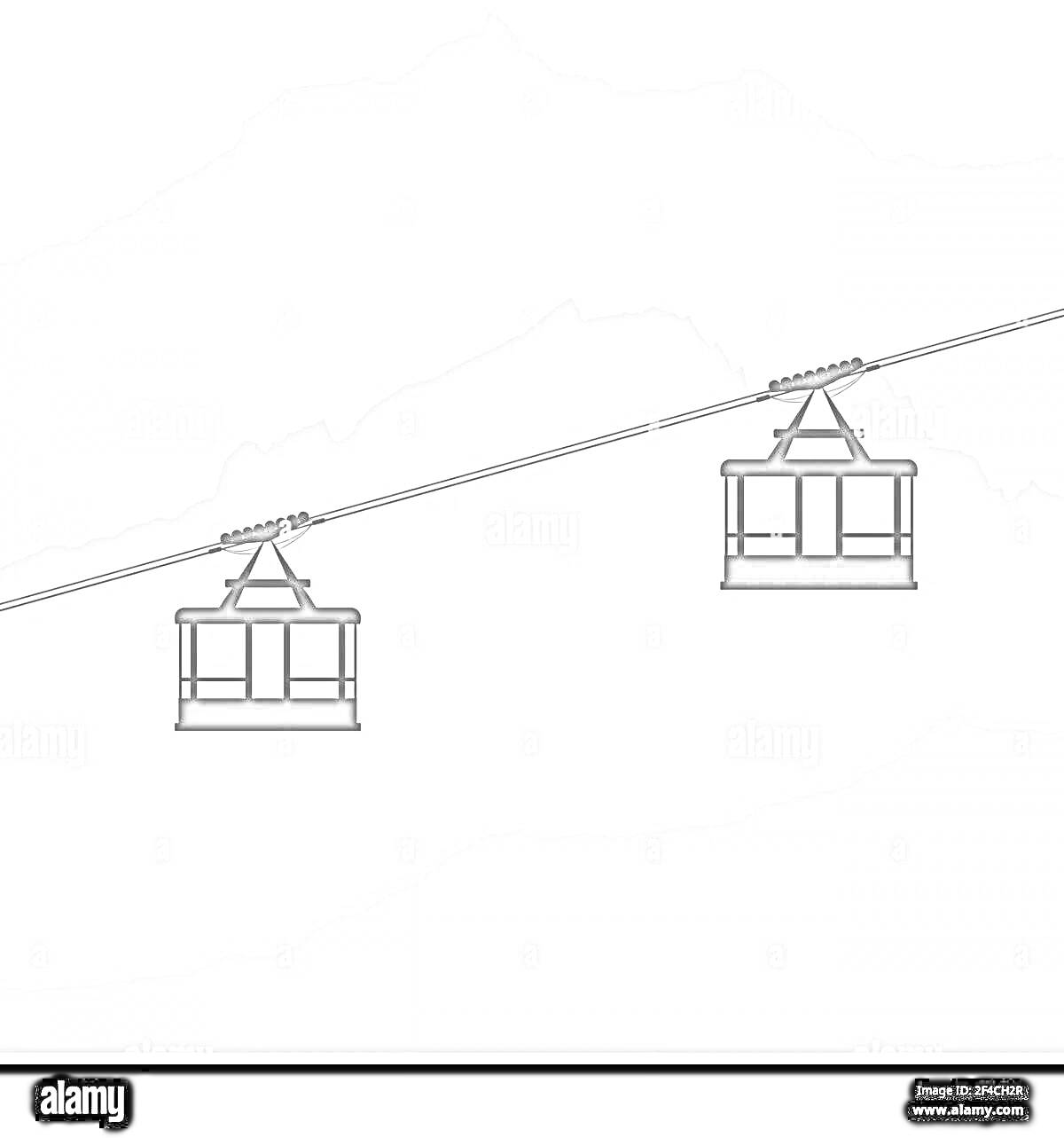 Раскраска Канатная дорога с двумя кабинками на фоне гор