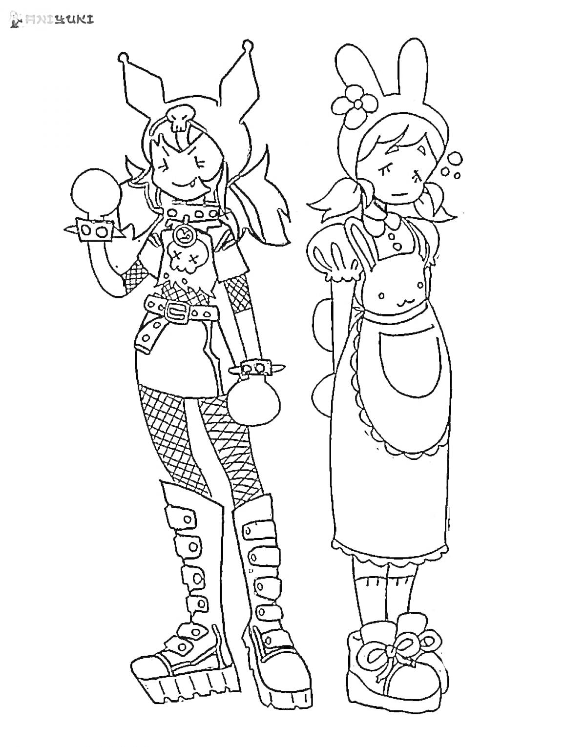РаскраскаДевушки в костюмах: левая в стиле панка с перчатками и шипами, правая в переднике с кроличьими ушами