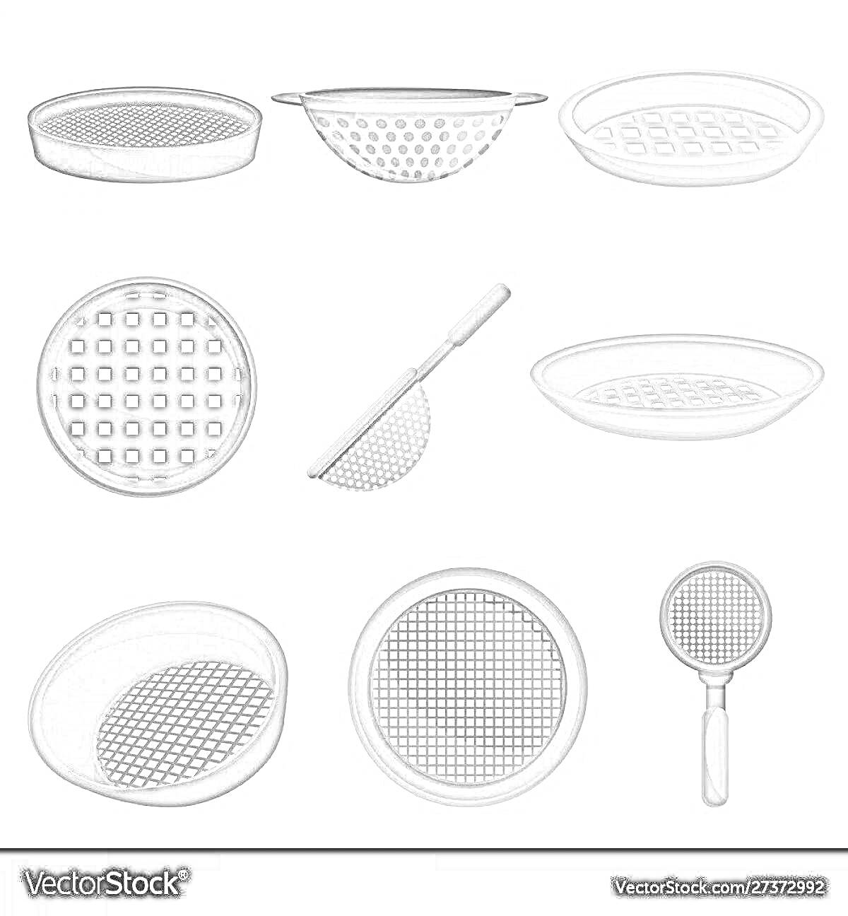 На раскраске изображено: Кухонная утварь, Сетка, Фильтр, Ручка, Посуда, Инструмент, Круглая форма