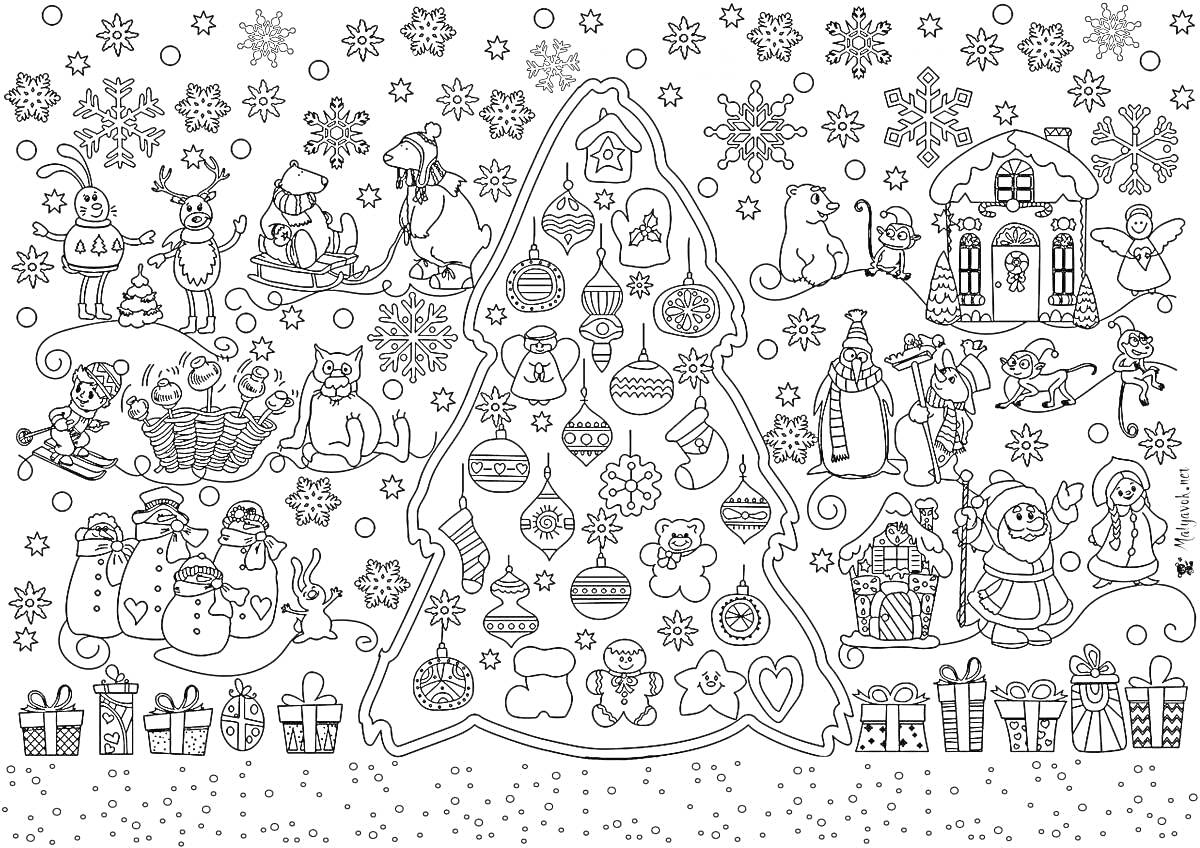Раскраска Большая новогодняя раскраска с елкой, подарками, снеговиками, пингвинами, ледяным домиком, рождественскими украшениями и Санта-Клаусом