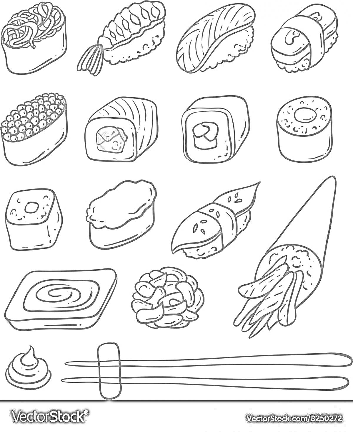 Раскраска Набор различных видов суши с роллами, нигири, гунканами, сашими, васаби, палочками для еды и деревянной подставкой