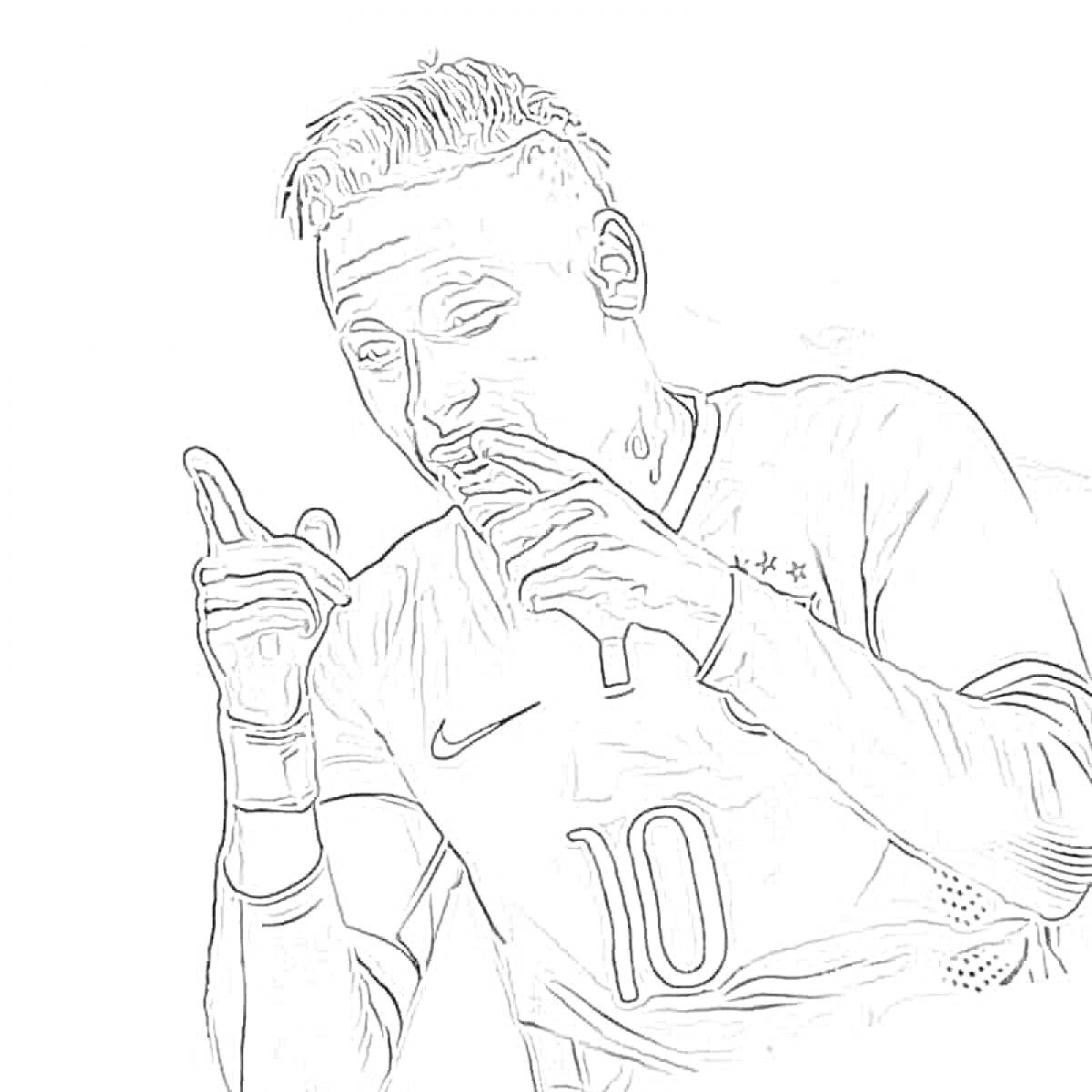Раскраска Футболист с номером 10 в футбольной форме, показывающий жест руками